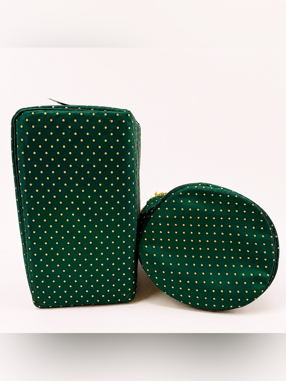 Vintage Dior Cosmetic Bag Set Green Gold Polka Dot NOS - Picture 8 of 16